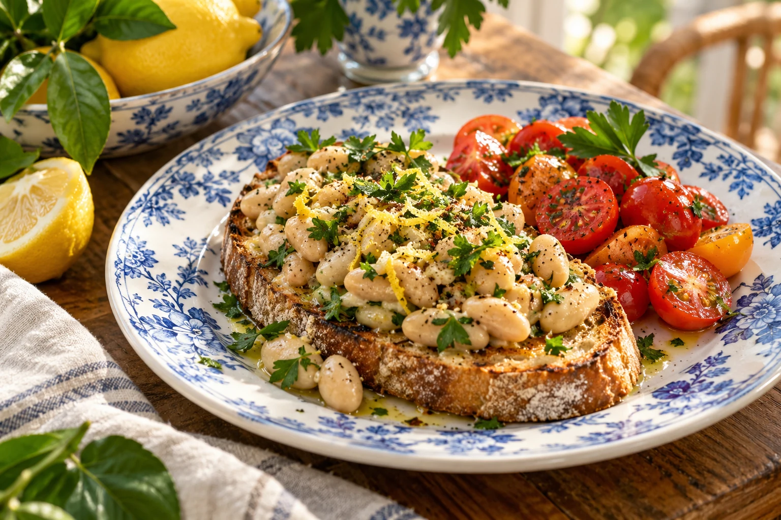 Lemony white bean toast on blue-and-white china